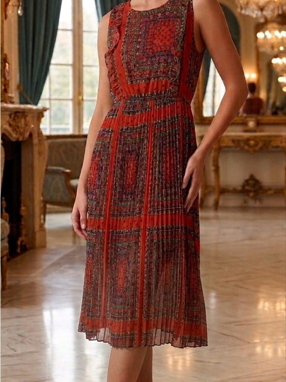Hazel Orange Paisley Print Ruffle Sleeveless Midi Dress Size M